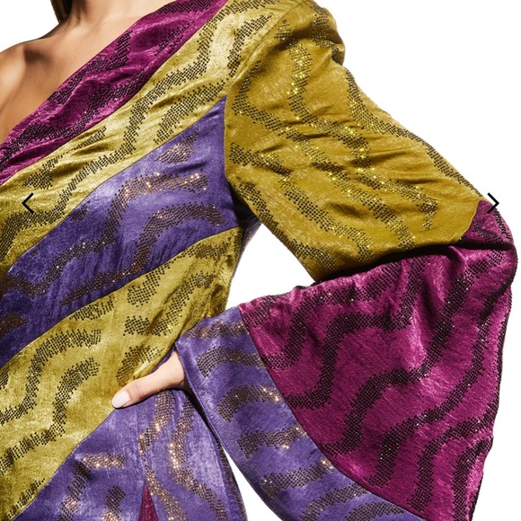 RAISA VANESSA Wave Color-block One- Shoulder Satin Gown 💜♥️💚 - Picture 4 of 9